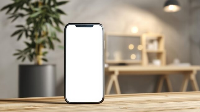 Modern smartphone with blank screen mockup on wooden table, blurred home office background. : Generative AI