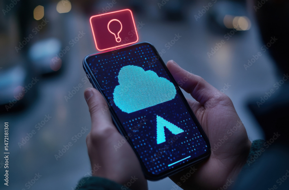 Poster Person holding smartphone displaying a digital cloud upload icon with a glowing question mark, symbolizing data transfer and online security concerns in an urban setting. : Generative AI