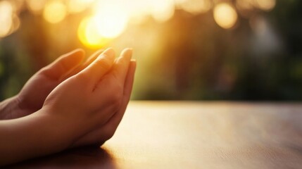 Closeup of woman's hands clasped together in prayer, bathed in warm sunset light, resting on a wooden surface outdoors. : Generative AI