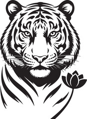 Tiger silhouette with lotus flower. Majestic tiger head vector art. Bold, fierce, and elegant tiger with a flower accent. Wildlife 