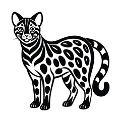 Striking black and white vector illustration of a leopard-like cat with unique pattern