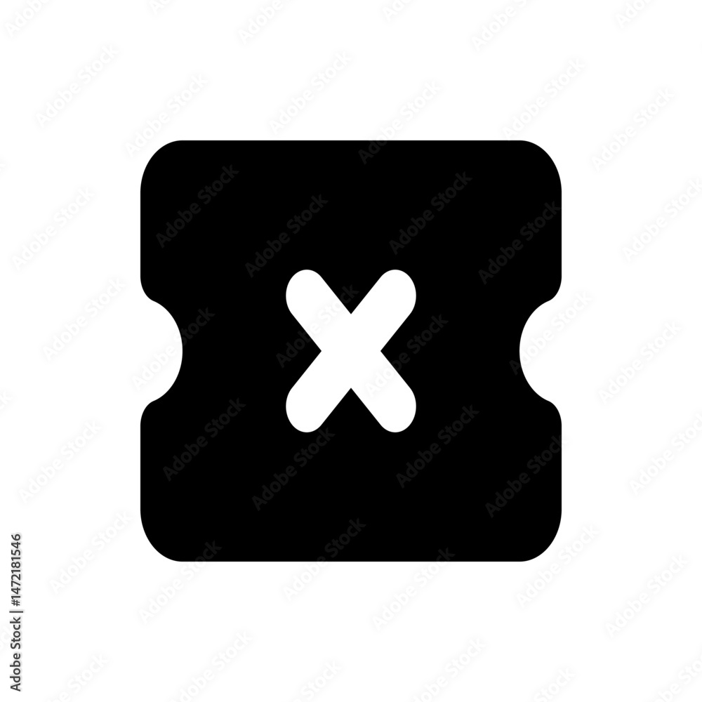 Poster black ticket with rounded corners and a white cross mark in the middle of the rectangular shaped obj