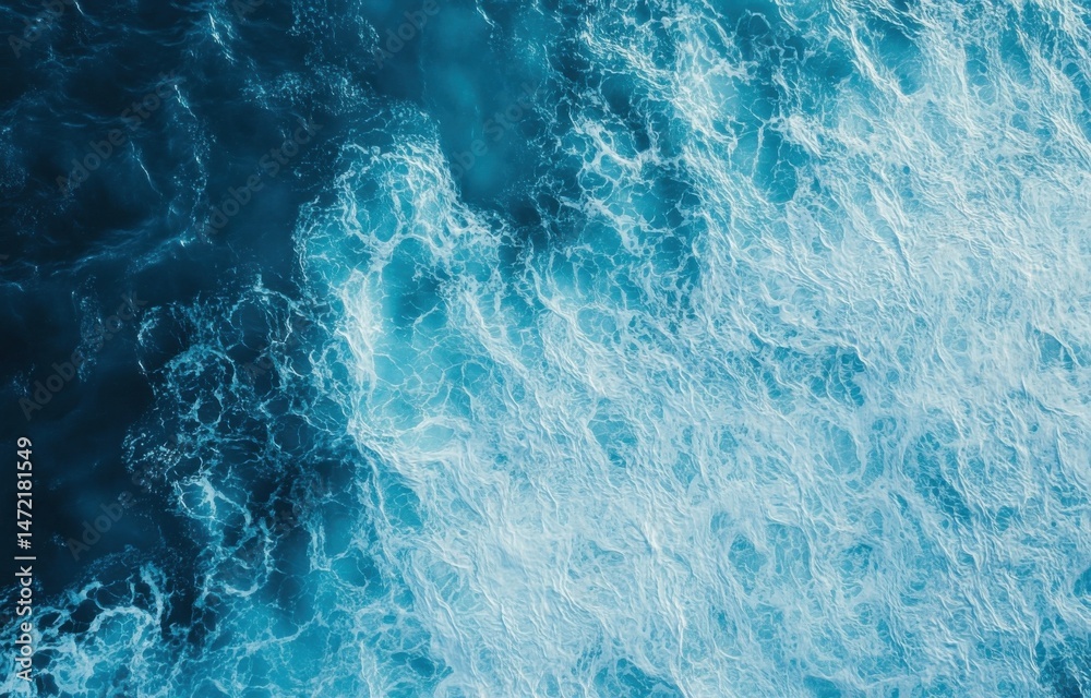 Poster aerial view of ocean water with contrasting textures: deep blue and foamy white waves create a dynam