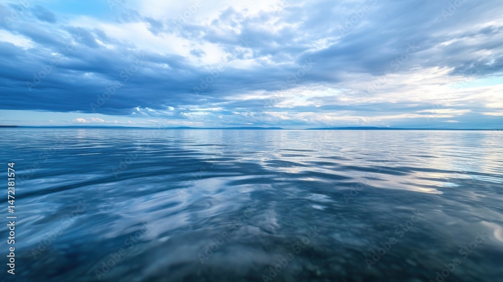 Poster serene lake landscape under a vast, dramatic sky, showcasing a tranquil water surface with subtle ri