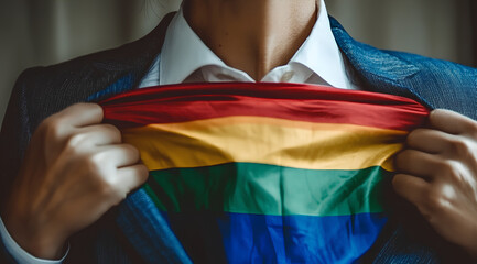 A young businesswoman confidently opening her jacket to reveal a rainbow flag, symbolizing pride and inclusivity in the workplace
