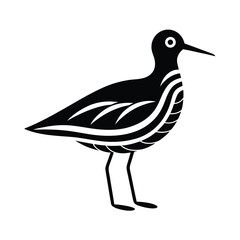 Stylized black and white illustration of a wading bird with decorative curved feather markings on a white background