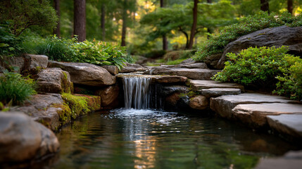 Small waterfall flowing into a pond in a serene and green rocky forested area