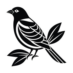Artistic black and white illustration of a stylized bird perched on a branch with leaves in minimalist design