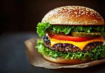 Juicy cheeseburger with sesame bun, lettuce, tomato, and pickles, served on brown paper.  Close-up view of delicious fast food. : Generative AI