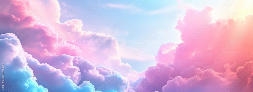 Poster dreamlike pastel pink and blue cloudscape, illuminated by soft sunlight, creating a serene and ether