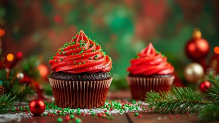 Christmas Cupcake with Red Frosting and Green Sprinkles, Holiday Background