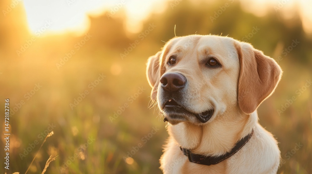 Poster golden labrador retriever dog portrait at sunset, enjoying the warm evening light in a field of tall