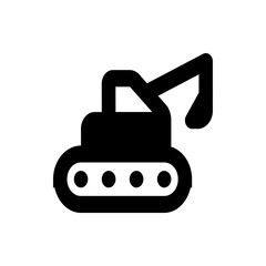 Illustration of a black excavator with a visible boom and four track rollers on a white background view