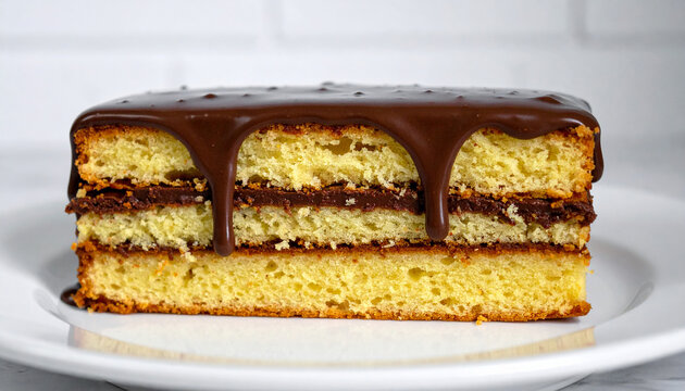 Tasty layered sponge cake with smooth chocolate ganache. Delicious dessert. Yummy treat. Sweet food