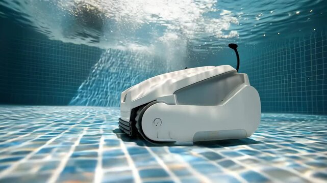 Robotic pool cleaner underwater swimming pool cleaning device with modern technology, blue tile, automatic water submerged operation, efficient maintenance, hygiene, smart electric innovation