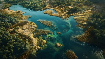 Fototapeta premium A revitalized wetland thriving post-fossil fuel pollution, now home to diverse wildlife and lush flora, showcasing nature's resilience.