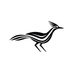 Stylized black and white illustration of a roadrunner bird in a minimalist and modern design