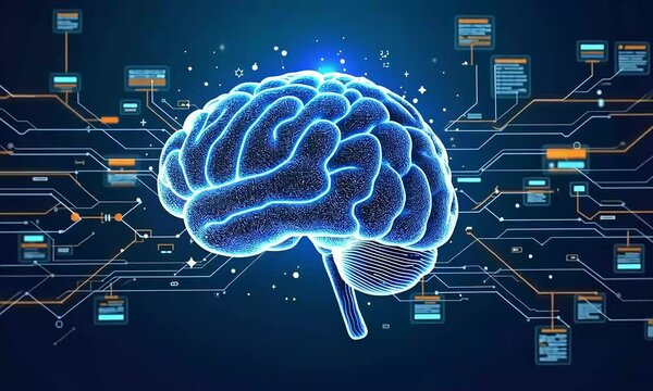 Illuminated 3 d brain with circuit board background illustrating artificial intelligence and technology concepts