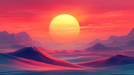 Vibrant sunset over a colorful desert landscape.