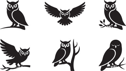 Black silhouette illustrations of various owls perched on branches with different poses