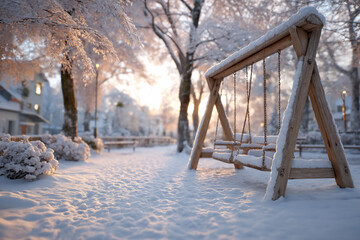 Snowy park swing at dawn