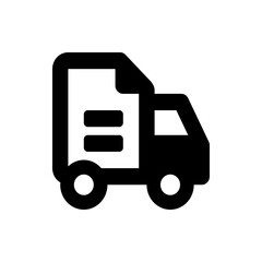 Black and white icon of a delivery truck with a document inside the cargo area showing two short lines