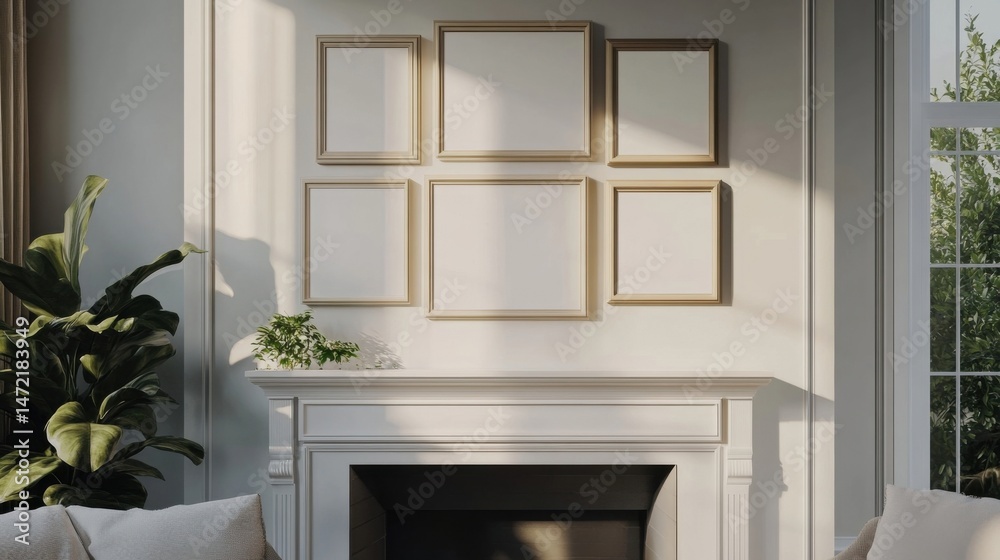 Poster sunlight streams into a minimalist living room, illuminating a white fireplace mantel and five empty