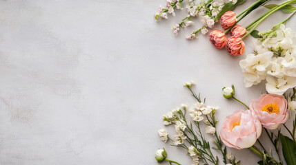 Pastel pink and white flowers arranged on a light gray textured background, creating a delicate and elegant floral border with copy space. : Generative AI