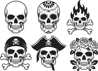 Collection of detailed skull illustrations in various styles and themes for graphic design projects