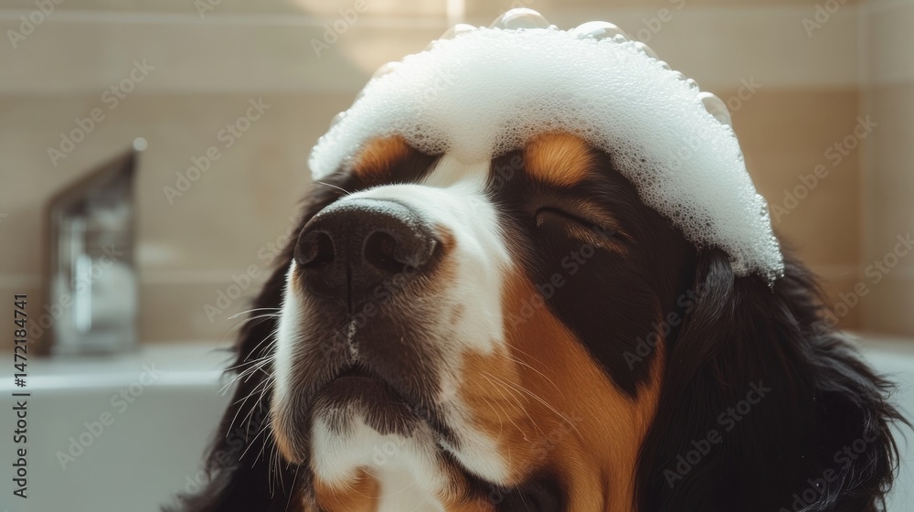Aufkleber a bernese mountain dog enjoys a relaxing bath, covered in fluffy white soap suds, eyes closed in con