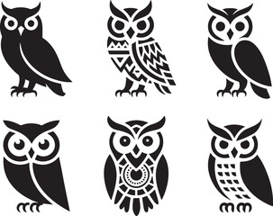 Collection of six black and white owl silhouettes with decorative designs and detailed features