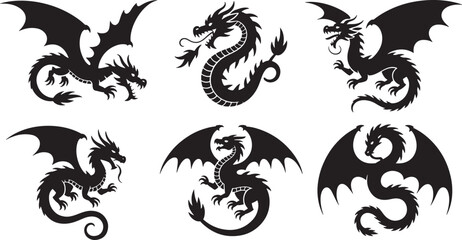 Collection of six black silhouette dragons with spread wings in various poses and forms
