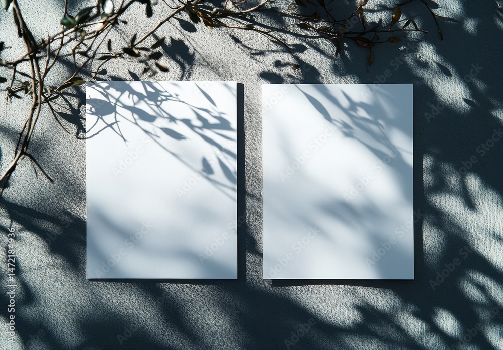 Poster two blank white cards rest against a textured gray wall, dappled with shadows cast by an overhanging