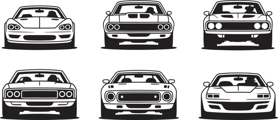 Front view illustration of various muscle car designs in black and white graphics