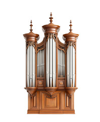 Hyperrealistic Detailed Image of a Majestic Pipe Organ in Polished Wood with Golden Accents and Intricate Carvings against a Transparent Background