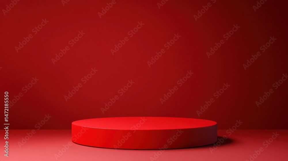 Aufkleber a single, round, red pedestal sits centrally on a matching red floor against a solid red wall, creat