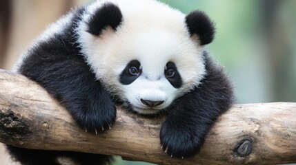 Obraz premium Adorable baby panda resting on a tree branch, showcasing its fluffy black and white fur, endearing expression, and tiny paws. : Generative AI