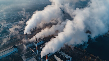 Aerial view of industrial power plant emitting large plumes of white smoke into the atmosphere on a cold winter day. : Generative AI