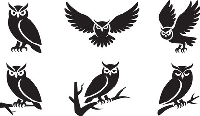 Set of vector illustrations featuring silhouetted owls in various poses and arrangements