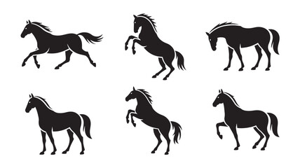 Silhouette collection of graceful horses displaying different poses and actions on a white background