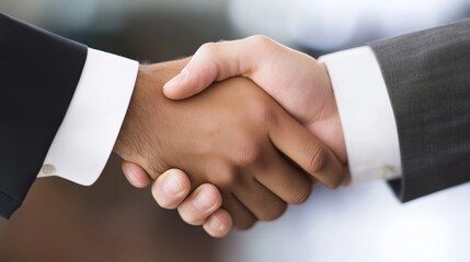 Obraz premium Close-up view of a handshake between two businesspeople, showcasing diverse skin tones and formal attire. The image emphasizes collaboration and partnership in a professional setting. : Generative AI