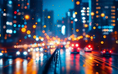 Obraz premium Blurry city street at night with colorful bokeh lights reflecting on wet asphalt.