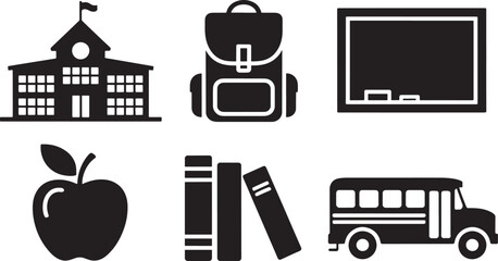 Vector illustration of school icons including building backpack apple books blackboard and bus