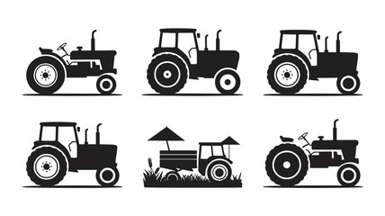 Vector illustration of farm tractors showing different styles and designs in black silhouettes
