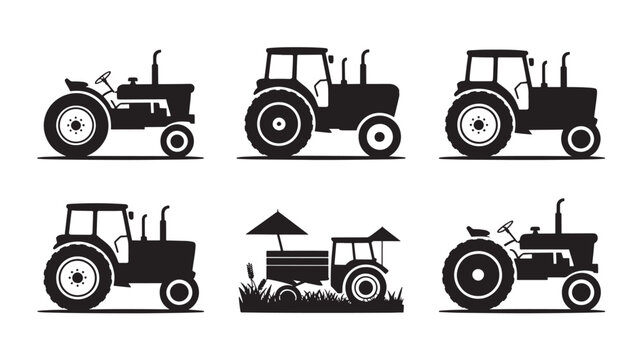 Vector illustration of farm tractors showing different styles and designs in black silhouettes