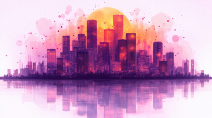 Fototapeta premium Stylized cityscape sunset reflection illustration