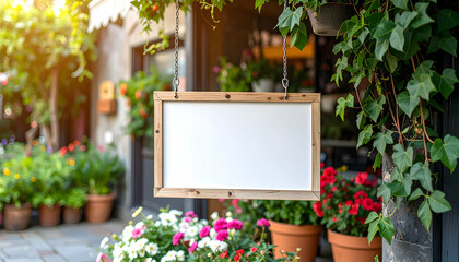 Blank hanging sign surrounded by flowers and plants for message or notice