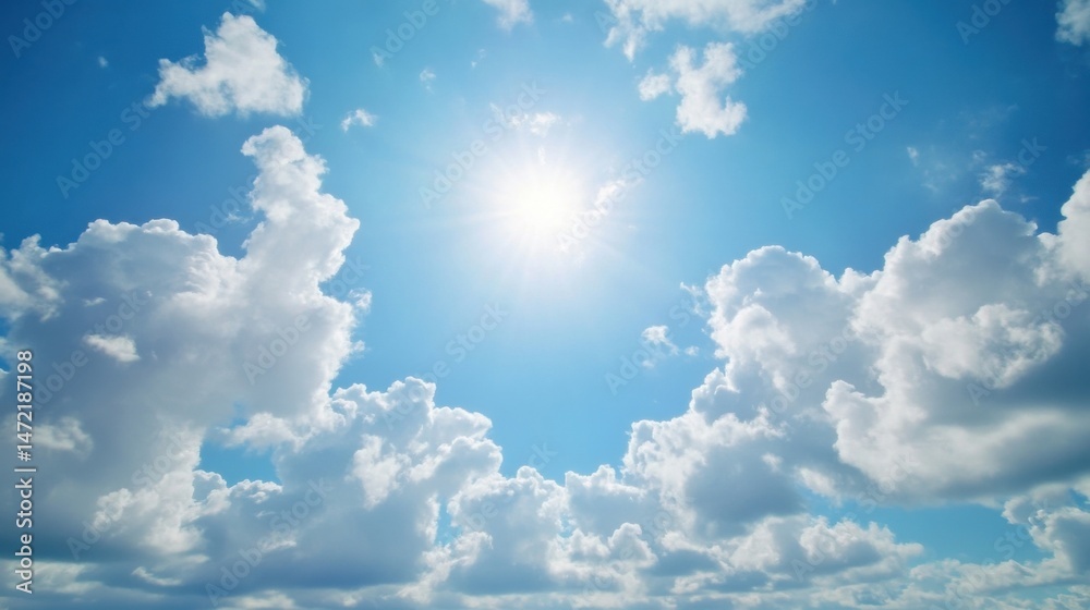 Poster bright sun shining through fluffy cumulus clouds in a vivid blue sky, creating a serene and peaceful