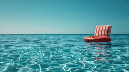 Obraz premium Red Striped Inflatable Chair Floating in a Calm Blue Ocean