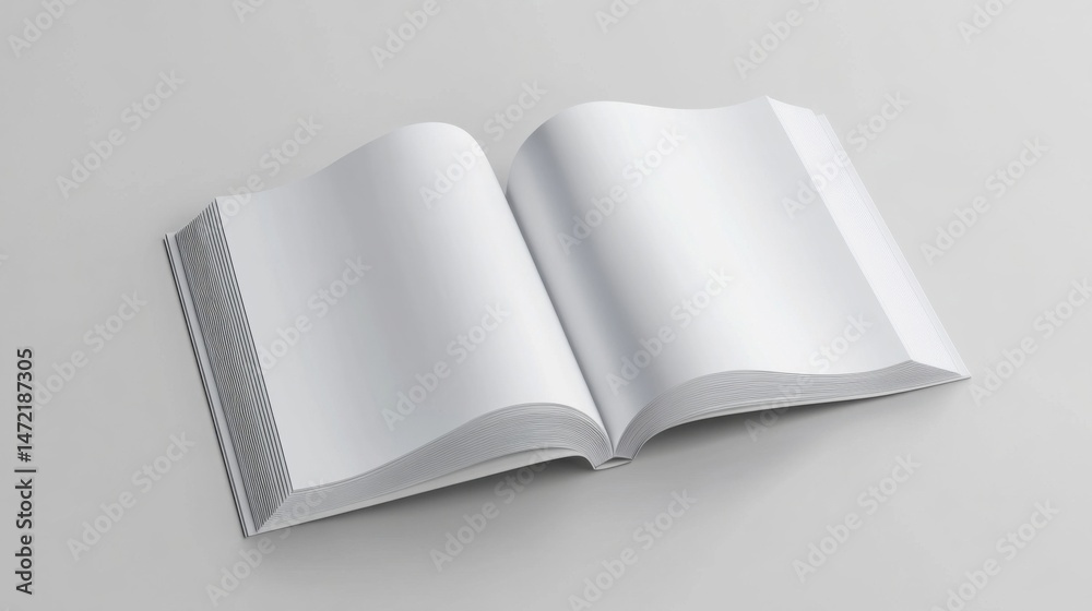 Poster open blank book mockup, pages gently curved, showcasing clean white paper, ideal for design presenta